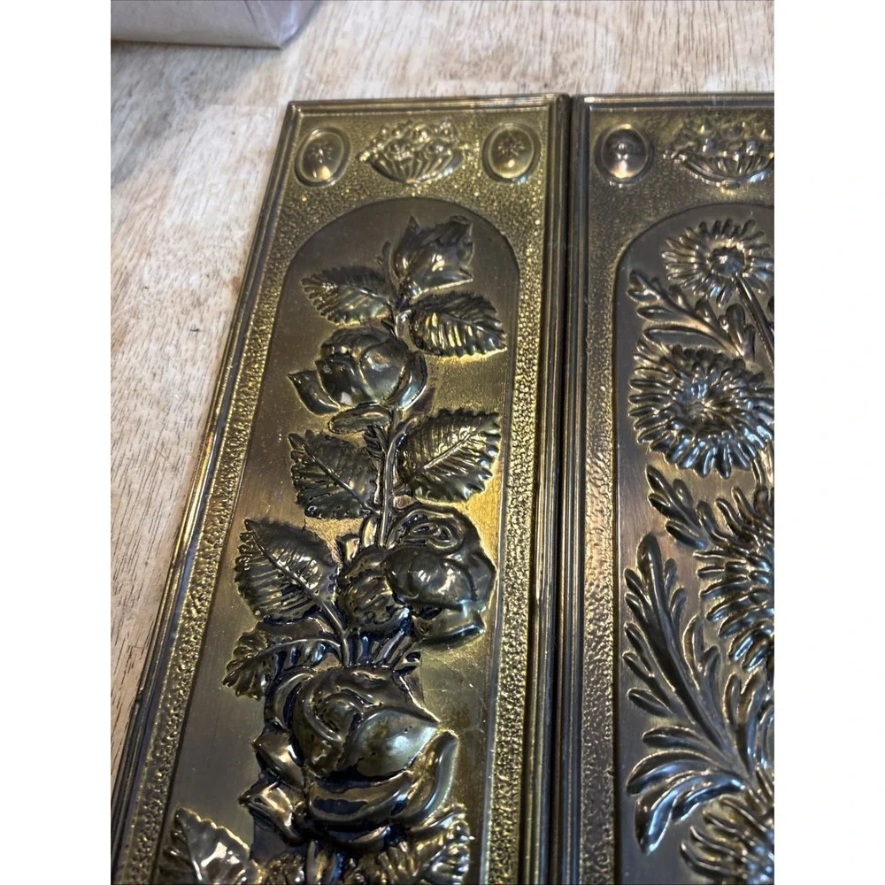 2 - Vtg MCM Brass Tin Gold Repousse Embossed Floral Wall Plaques England